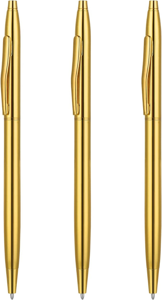 Verleidelijke schrijfervaring: 3 metalen gouden balpennen voor een praktische luxe uitgezet in een verticale lijn.
