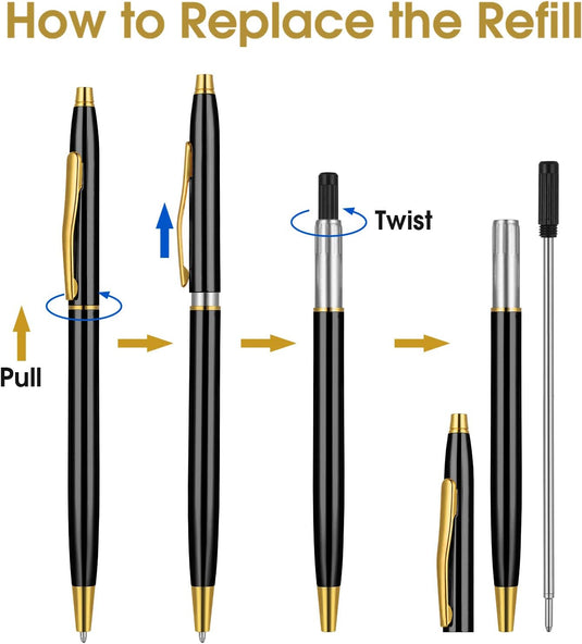 Stapsgewijze instructies voor het vervangen van de inktvulling in een Verleidelijke schrijfervaring: 3 metalen balpennen voor een praktische luxe balpen met draaimechanisme.
