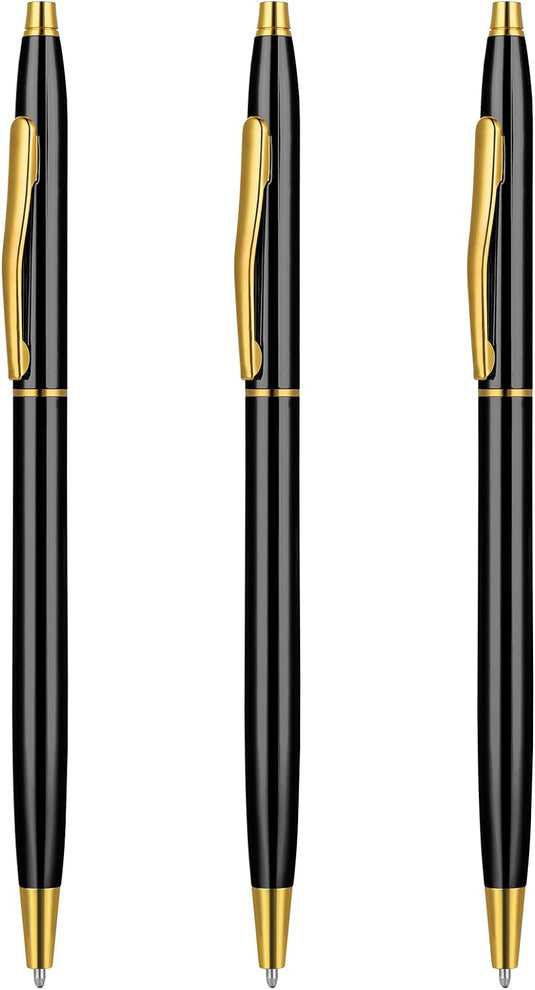 Drie elegante zwarte en gouden Verleidelijke schrijfervaring, verticaal naast elkaar gearrangeerd.