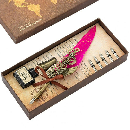 Een kleurrijke steampunk vulpenset met inkt en vervangende penpunten, gepresenteerd in een doos in vintage-stijl, die vintage schoonheid combineert met moderne functionaliteit.