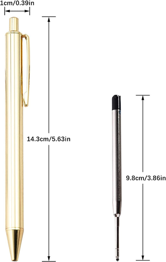 Twee pennen met afmetingen: een goudkleurige Vind de perfecte metalen balpen voor elke gelegenheid van 14,3 cm en een zwart-zilveren Vind de perfecte metalen balpen voor elke gelegenheid van 9,8 cm, beide gemaakt van hoogwaardige materialen.
